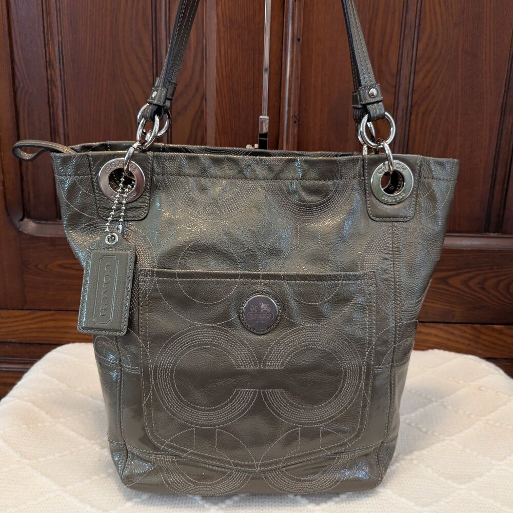 Coach Alex 14265 Op Art Signature Stitched Tote Bag In Pewter Patent Leather